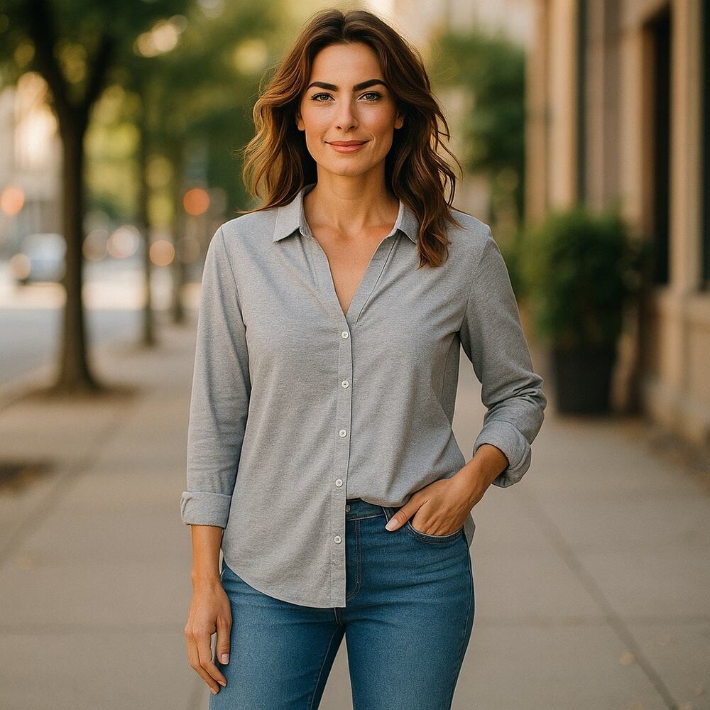 Eterna Womens Light Gray Button-Down Shirt